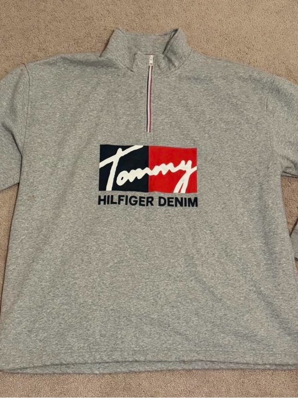 Tommy Hilfiger Gray Zip-Up Sweatshirt with Red & Navy Trim